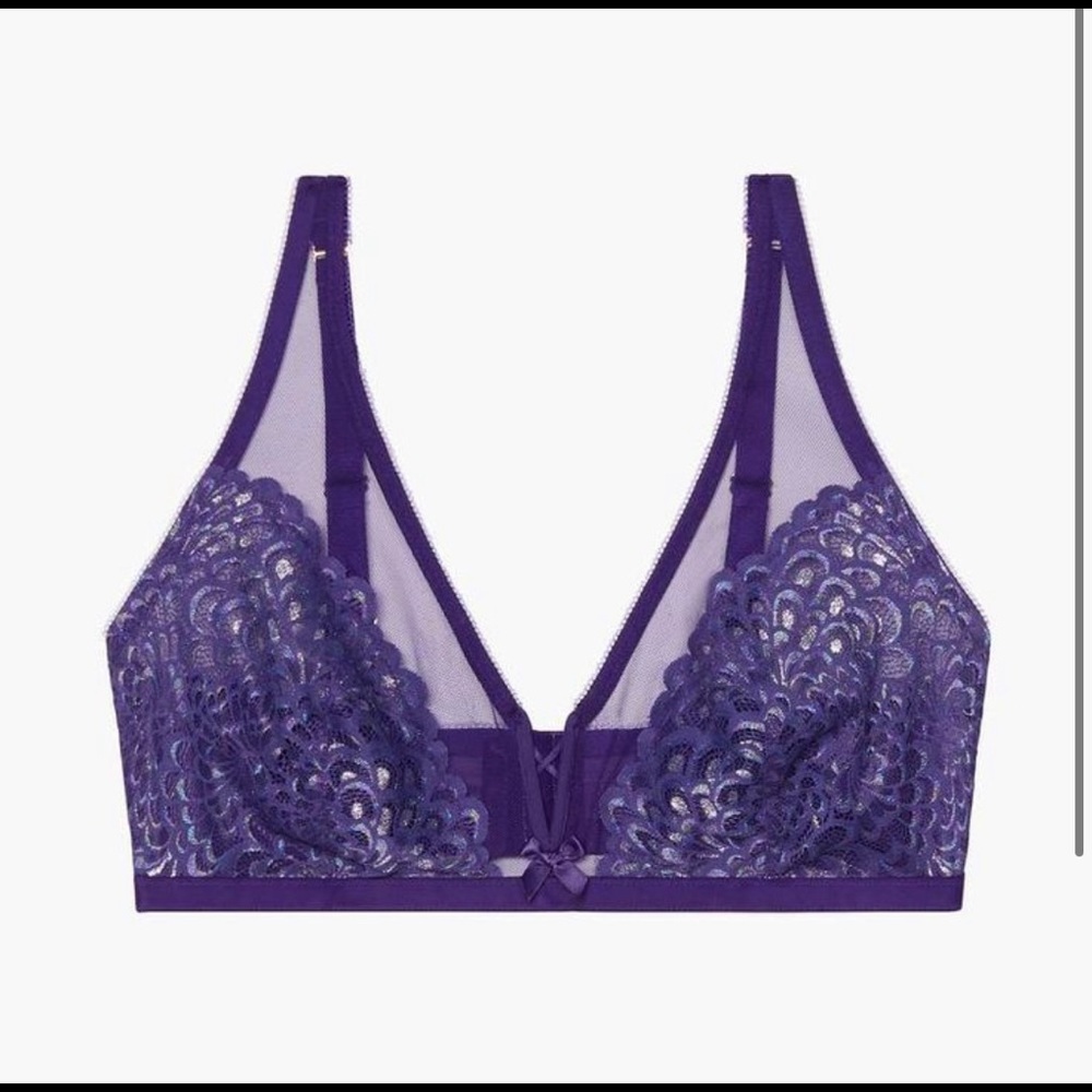 Savage x Fenty Purple Metallic Sheer Floral Wireless Bralette Bra 34 C/D